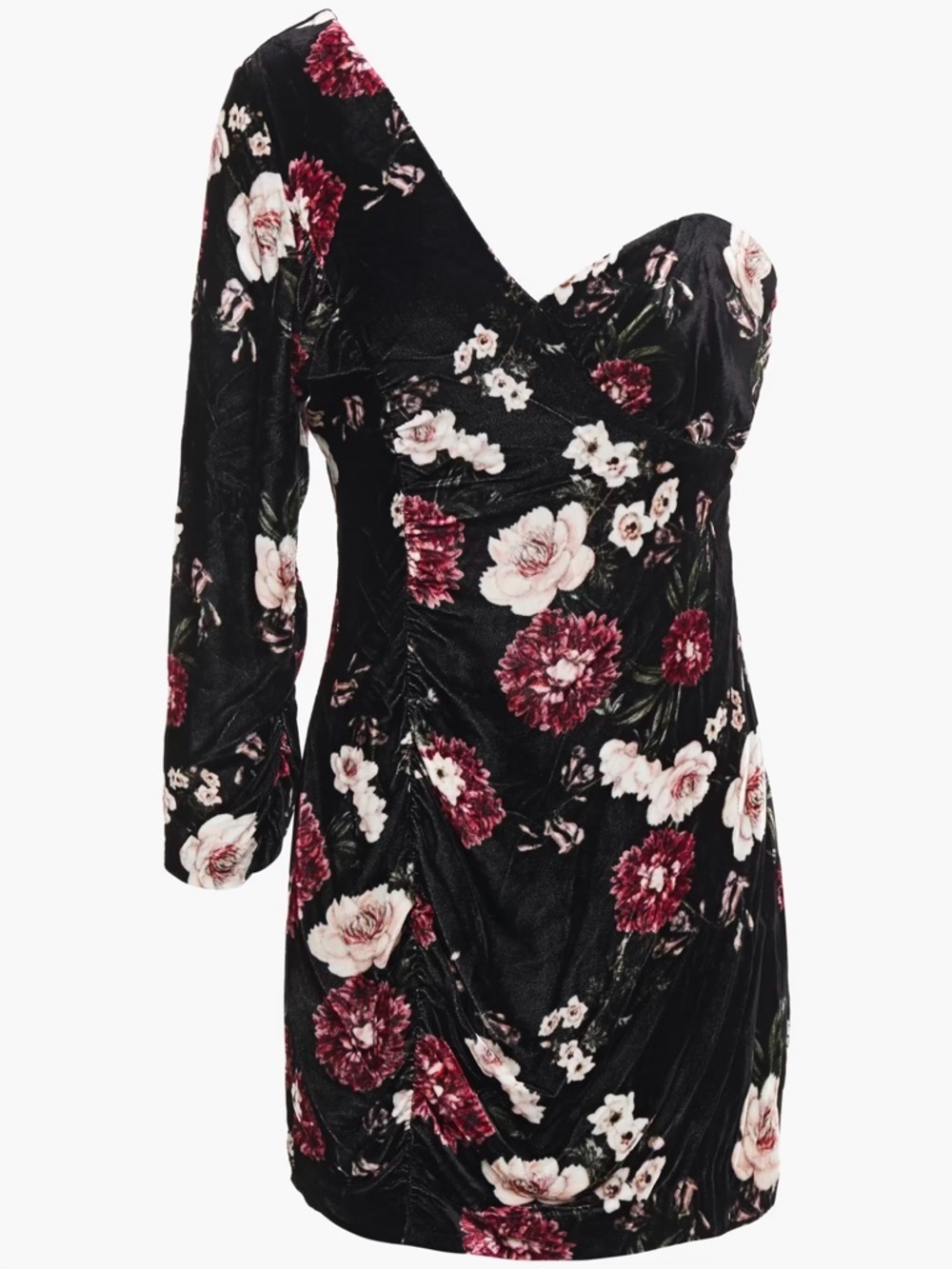 NWT NICHOLAS ‘One-Shoulder Ruched Floral-Print Velvet Mini Dress’ in Black Sz 4